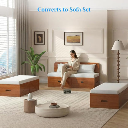 PUREMIND Murphy Bed Full with Mattress Included, Wood Cabinet Bed with Dual Storage Drawers & 2 Pillows, 3-in-1 Convertible Sofa Beds for Small Space, Guest Room, Cherry