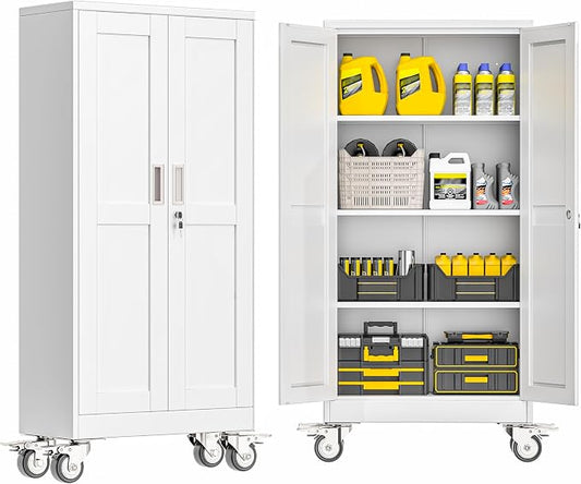 GAIOUS Metal Garage Storage Cabinet with Lock, 61” Tall Lockable File Cabinet with Wheels, Steel Tool Cabinet with 2 Door and 3 Adjustable Shelves, Rolling Cabinet for Home Office Garage Gym - White