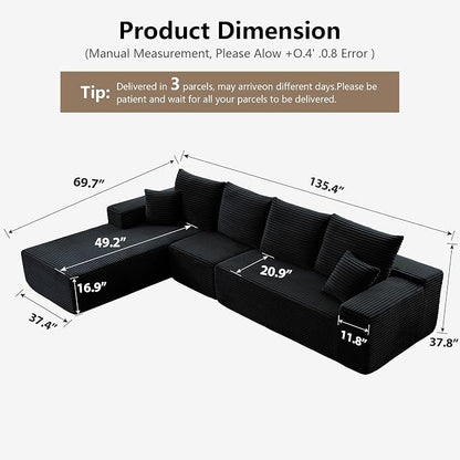 135” Cloud Sectional Couch, Boneless Sofa for Living Room, Modular Sectional Sofa with Deep Seat, Fluffy Couch with L-Shaped Chaise, No Assembly Required Black