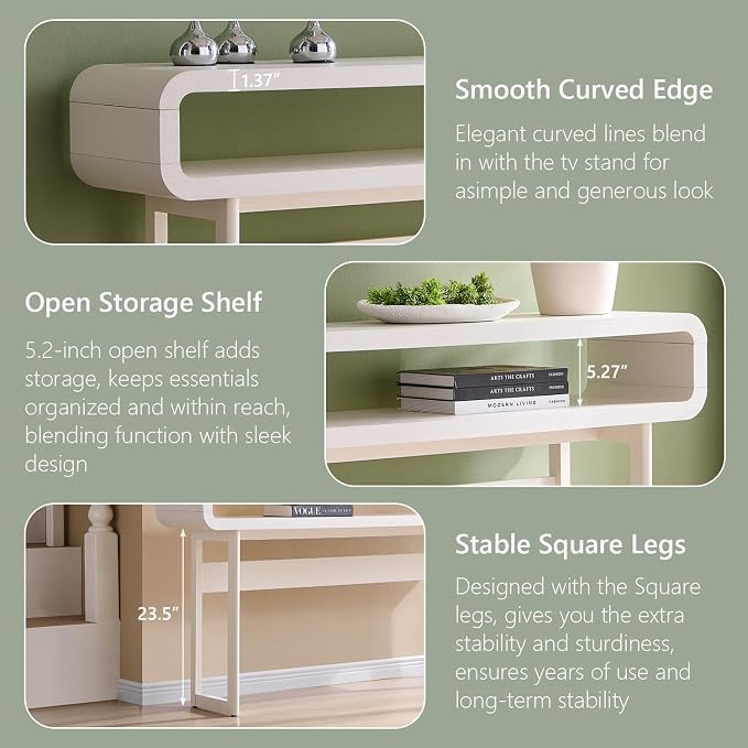 IFGET 63-Inch Long Console Table, 31.5" Tall Modern Entryway Table with Open Storage Shelf, Curved Profile Design, Narrow Wood Sofa Table Behind Couch Table for Living Room, Hallway, Foyer, White