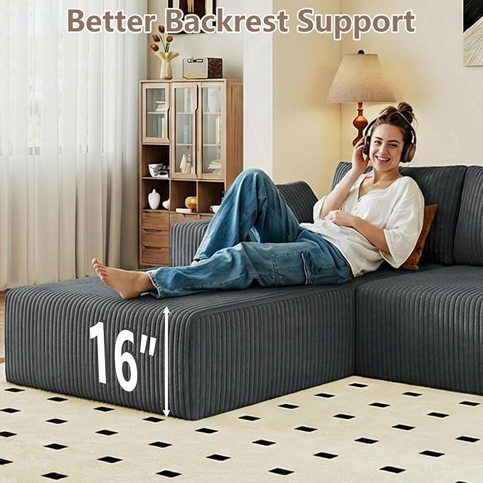 95" Cloud Sectional Couch with L-Shape Chaise, Modular Comfy Sofa Chaise Longue, Upholstered Corduroy Couches Sleeper with Deep Seat for Living Room Bedroom, No Assembly Required(Grey, Left Facing)
