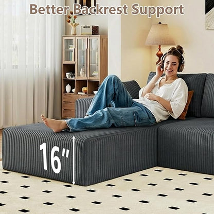 95" Cloud Sectional Couch with L-Shape Chaise, Modular Comfy Sofa Chaise Longue, Upholstered Corduroy Couches Sleeper with Deep Seat for Living Room Bedroom, No Assembly Required(Grey, Left Facing)