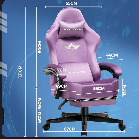 GTPLAYER Gaming Chair Fabric with Pocket Spring Cushion, High Back Ergonomic Computer Chair with Footrest for Adults Lumbar Support Swivel Game Chair for Office Gaming 350LBS, Light Purple