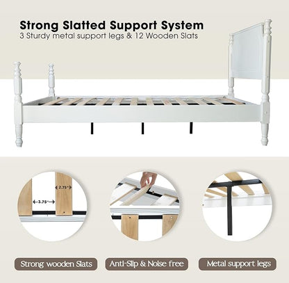 Solid Wood King Size Platform Bed Frame, A Headboard & Footboard, Under Bed Storage, 12 Strong Slats with Center Metal Legs, Anti-Noise & Slip-Free, No Box Spring Needed, Pure White Finish, ROK-39