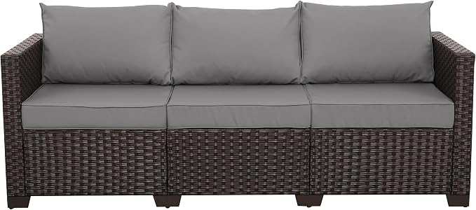Rattan Star Wicker Patio Sofa Outdoor Furniture Outdoor Couch Deep Seat Sofa High Backrest with Waterproof Cover and Non-Slip Cushions, Grey