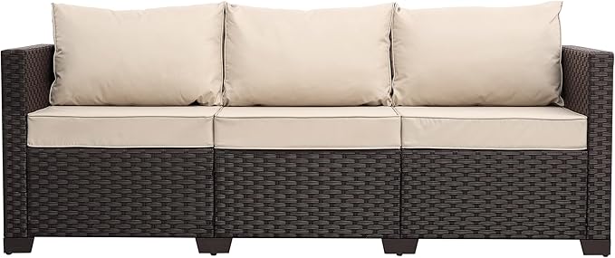 Rattan Star Outdoor Furniture Couch 3 Seater Sofa Outdoor Brown Wicker Sofa Deep Seat High Backrest Patio Couch with Non-Slip Cushions Waterproof Cover, Khaki