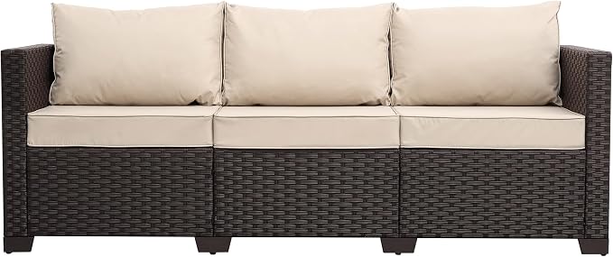 Valita Patio Furniture 3-seat Sofa Brown Wicker Outdoor Furniture Outdoor Couch Deep Seat High Backrest Waterproof Cover Anti-Slip Washable Cushions, Khaki