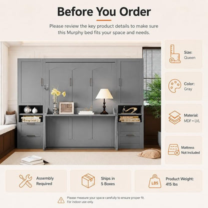 Queen Murphy Bed with Desk, Wall Bed Cabinet with Storage Shelves, Enclosed Cabinets and Hidden Foldout Workstation, Folding Cabinet Bed, Space Saving Bed for Guest Room, Home Office (Gray)