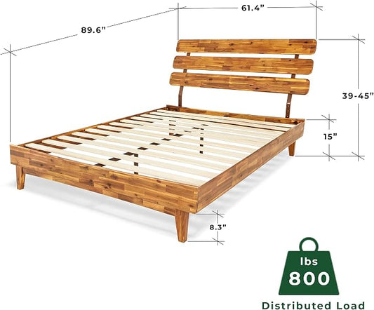 Bme Caden 15 Inch Deluxe Bed Frame with Adjustable Headboard - Mid Century, Retro Style with Acacia Wood - No Box Spring Needed - 12 Strong Wood Slat Support - Easy Assembly - Caramel, Queen