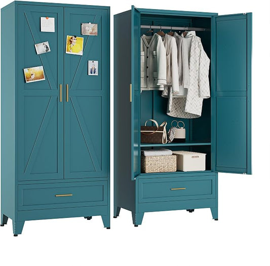 Metal Wardrobe Closet Cabinet with Drawers,71" H Large Bedroom Armoires with Shelves and Hanging Rod,Wardrobe Storage Cabinet with 2 Doors, 1 Adjustable Shelf and Drawers (1Drawer, Blue)