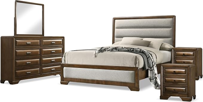Furniture of America Johan Transitional Solid Wood 5-Piece King Panel Bedroom Set with 2 Nightstands, Box Spring Needed, Brown and Light Gray