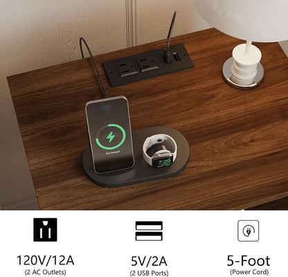 JOONEE Rattan Nightstand with Charging Station,Farmhouse Bedside Table with 2 Storage Drawer and Open Wood Shelf, for Bedroom and Small Spaces,Night Stand with Solid Wood Legs (Walnut Brown-Outlet)