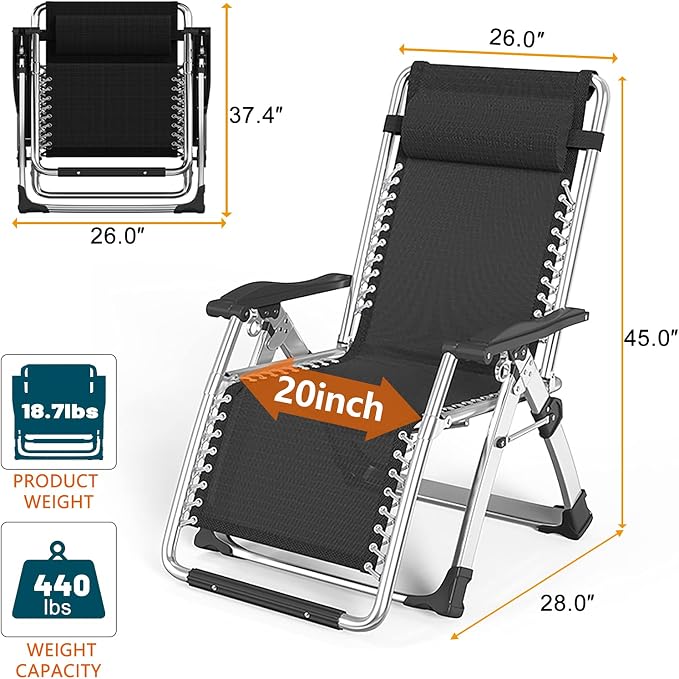 DoCred Zero Gravity Chair, Lawn Recliner, Reclining Patio Lounger Chair, Folding Portable Chaise with Detachable Soft Cushion, Cup Holder, Headrest