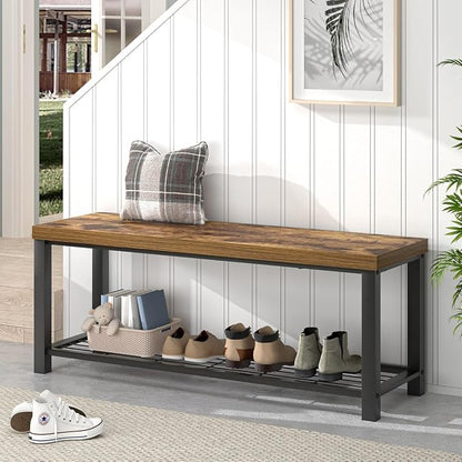 EXCEFUR Entryway Bench, Modern Wood and Metal Storage Bench for Hallway Front Door Entrance, Industrial Indoor Shoe Rack Bench Seat for Living Room Bedroom, 43.3 Inch Rustic Brown