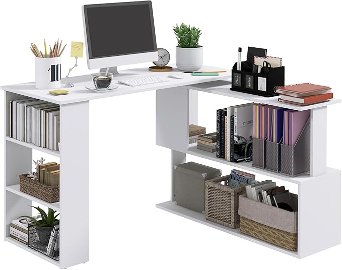 HOMCOM 47 Inch L Shaped Desk, Corner Computer Desk, 360 Degree Rotating Home Office Desk with Storage Shelves, Writing Table Workstation, White