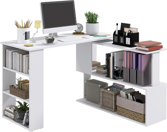 HOMCOM 47 Inch L Shaped Desk, Corner Computer Desk, 360 Degree Rotating Home Office Desk with Storage Shelves, Writing Table Workstation, White