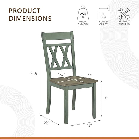 Lexicon Farmhouse Wood Dining Chair, Set of 2, Double Cross Back, Rustic Armless Chairs, Kitchen and Dining Room Furniture, Two-Tone Finish (Greywash and Antique Teal)