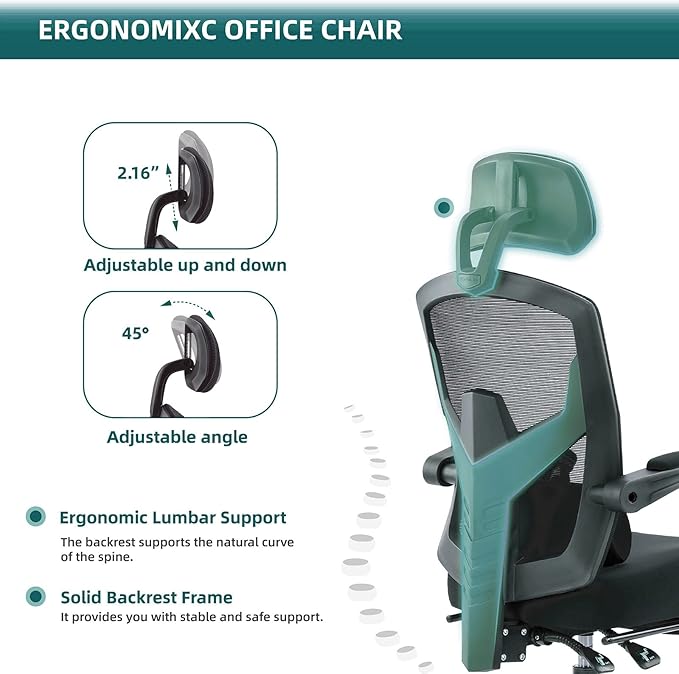 DUMOS Home Office Desk Chair with Footrest, High-Back Mesh Rolling Swivel Reclining Chairs with Wheels, Comfortable Headrest, Lumbar Support, Comfy Arms for Home, Office, Gaming, Student, Inky