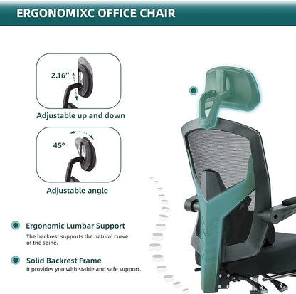 DUMOS Home Office Desk Chair with Footrest, High-Back Mesh Rolling Swivel Reclining Chairs with Wheels, Comfortable Headrest, Lumbar Support, Comfy Arms for Home, Office, Gaming, Student, Inky