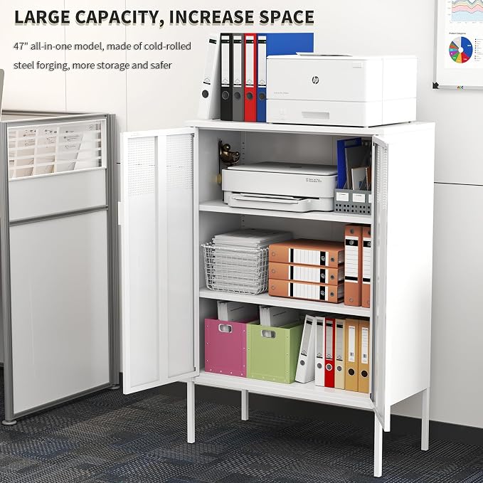 White Metal Storage Cabinet with 2 Doors - 47''H Locker Cabinet, 3 Tier Locker Door with Adjustable Shelves,Metal Sideboard for Home, Living Room,Office Kitchen and Bathroom