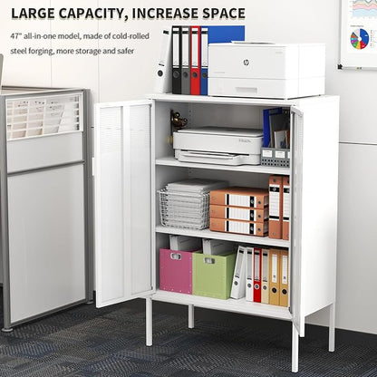 White Metal Storage Cabinet with 2 Doors - 47''H Locker Cabinet, 3 Tier Locker Door with Adjustable Shelves,Metal Sideboard for Home, Living Room,Office Kitchen and Bathroom