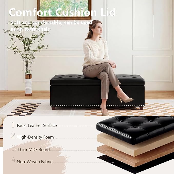 Joveco 47 Inch Storage Ottoman Bench,Tufted Leather Storage Bench with Nailhead Trim for Bedroom (47”,Black)
