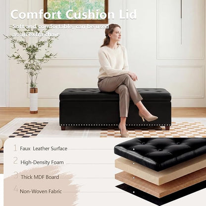 Joveco 47 Inch Storage Ottoman Bench,Tufted Leather Storage Bench with Nailhead Trim for Bedroom (47”,Black)