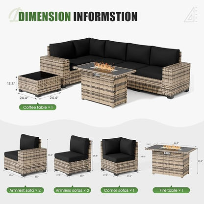 UDPATIO Patio Furniture Set with Fire Pit Table, 8 Inch Armrest Outdoor Sectional Sofas, 8 Piece All-Weather Wicker Conversation for Garden, Backyard