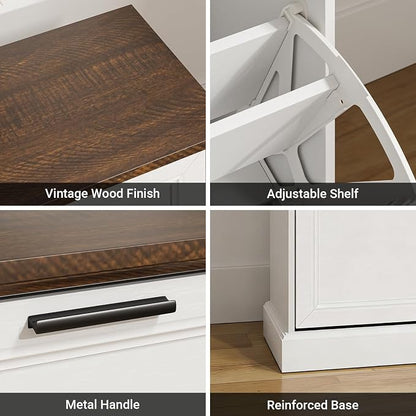 SoBuy Narrow Shoe Bench with Flip Drawers - Slim White Entryway Shoe Storage Bench for Small Spaces, Modern Shoe Cabinet Organizer for Hallway or Foyer, Compact Wooden Shoe Rack, FSR217-WN