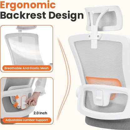 NEO CHAIR Office Desk Chair Gaming Computer High Back Support Mesh Comfy Seat with Adjustable Ergonomic Headrest Lumbar Rolling Flip-up Armrests and Wheels (Grey)