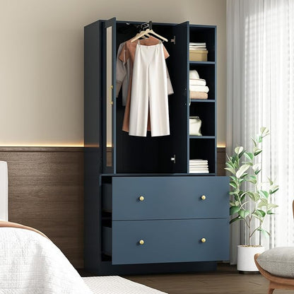 Homsee Wardrobe Armoire Wooden Closet with Mirror, 2 Doors, 2 Drawers, 4 Open Storage Cubes and Hanging Rod for Bedroom, Navy Blue (35.5”L x 15.8”W x 70.8”H)