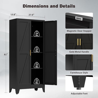 61" Tall Metal Pantry Cabinet, Kitchen Storage Cabinet with 2 Doors and 3 Adjustable Shelves for Kitchen, Living Room, Dining Room, Bathroom and Home, Office (Black, 1PC)