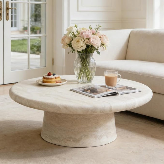 35.43" Faux Marble Round Coffee Table, Modern Pedestal Coffee Table with Base, Stone Circle Drum Minimalist Center Sofa Side End Table for Living Room Apartment Office, Mars Pattern