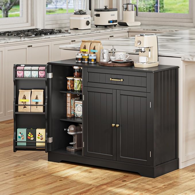 Gizoon Kitchen Sideboard Buffet Cabinet with Storage Small Coffee Bar Cabinet with Drawer, Kitchen Pantry Storage Cabinet with Door and Shelves for Bathroom and Living Room, Black, Painted