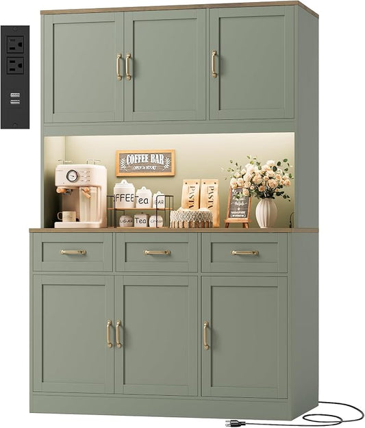 HOSTACK 72" Tall Kitchen Pantry Cabinet with Charing Station | LED Lights, 47" W Kitchen Pantry Storage Cabinet with Countertop, Modern Kitchens Hutch Cabinets with Storage for Dining Room, Green