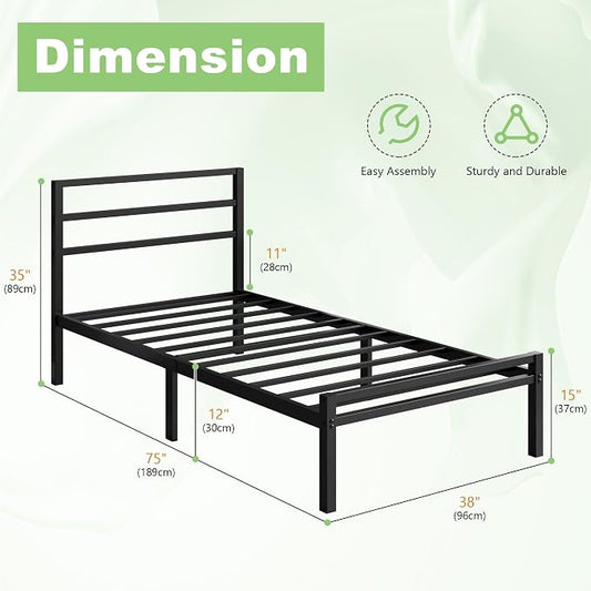 Lutown-Teen 12 Inch Twin Bed Frame with Headboard and Footboard, Classic Metal Platform Bed Frame Twin Size, No Box Spring Needed, Easy Assembly, Noise Free, Black
