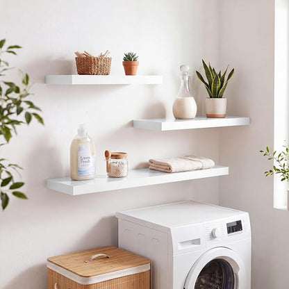 RICHFOCUS 20Inch Floating Shelves for Wall 2 Pack Shelves for Bedroom|Kitchen|Bathroom|Laundry Room Rustic Wood Wall Mounted Shelf with Invisible Brackets for Books|Storage|Decor, White