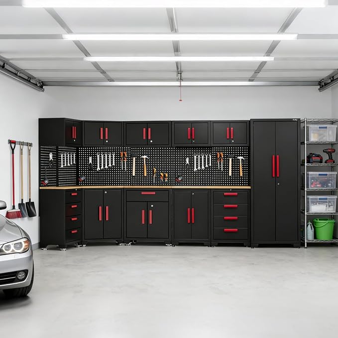 Garage Storage Cabinet System,16PCS Garage Cabinets and Storage System Corner Workshop Set with Corner Cabinet, Cabinet Drawers, Workbench, Pegboard for Tool Organization, Black Red