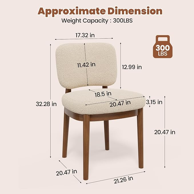 Wooden Dining Chairs Set of 4, Boucle Upholstered Kitchen Chairs with Solid Wood Legs, Mid Century Modern Dining Chairs, Farmhouse Side Chair with Hardwood Frame for Dining Room, Beige