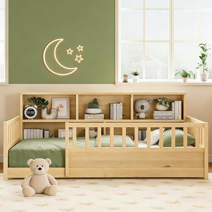 Bellemave Kids Montessori Floor Bed Twin Size,Floor Bed Frame with Bookcase and Fence for Kids Boys Girls,Natural