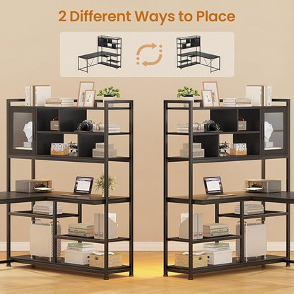 SEDETA L Shaped Computer Desk, 58'' Office Desk with LED Light and Bookshelf, L Shaped Corner Desk with Storage Shelves for Home Office, Gaming Desk, L Desk, Black