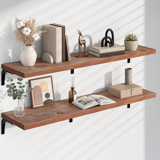 12 Inch Deep Floating Shelves Set of 2, 60 Inch Extra Wide Brown Solid Wood Wall Shelves, 5ft Heavy Duty Farmhouse Wall Mounted Shelving for Kitchen, Living Room & Bedroom
