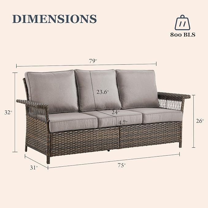 Patio Wicker Sofa 3-Seat Sofa Brown PE Rattan Couch with Water-Resistant Seat Back Cushions Resin Wicker Couch for Garden Balcony Backyard Deck Porch Sunroom, Sofa(1PC), Brown|Grey