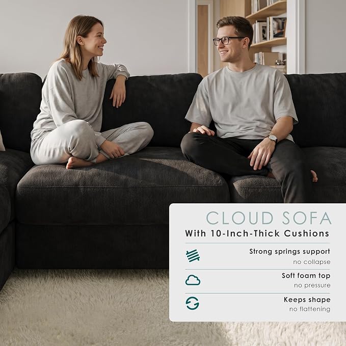 114" Cloud Couch Sectional Couches for Living Room Black | 10" High-Resilience Cloud Cushion, 36" Movable Ottoman, Plus-Size Friendly Couch, 28" Extra Deep Seat Sofa