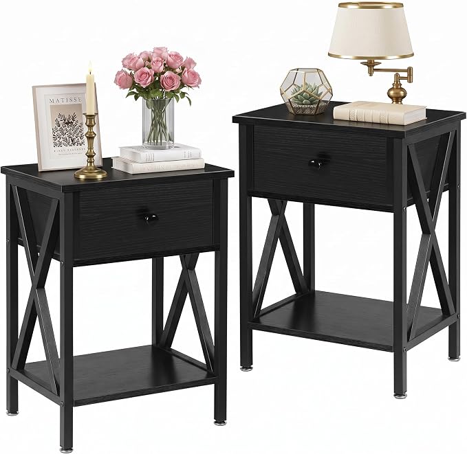 VECELO Nightstands Set of 2, Modern Bedside End Tables, Night Stands with Drawer and Storage Shelf for Living Room Bedroom, Industrial Metal Frame