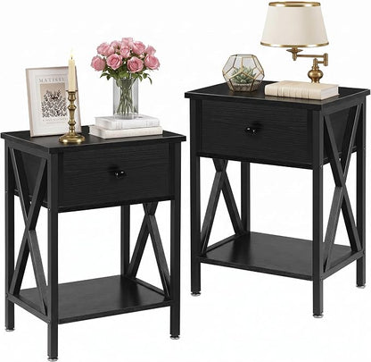 VECELO Nightstands Set of 2, Modern Bedside End Tables, Night Stands with Drawer and Storage Shelf for Living Room Bedroom, Industrial Metal Frame