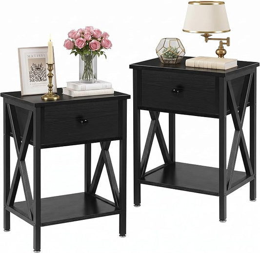 VECELO Nightstands Set of 2, Modern Bedside End Tables, Night Stands with Drawer and Storage Shelf for Living Room Bedroom, Industrial Metal Frame