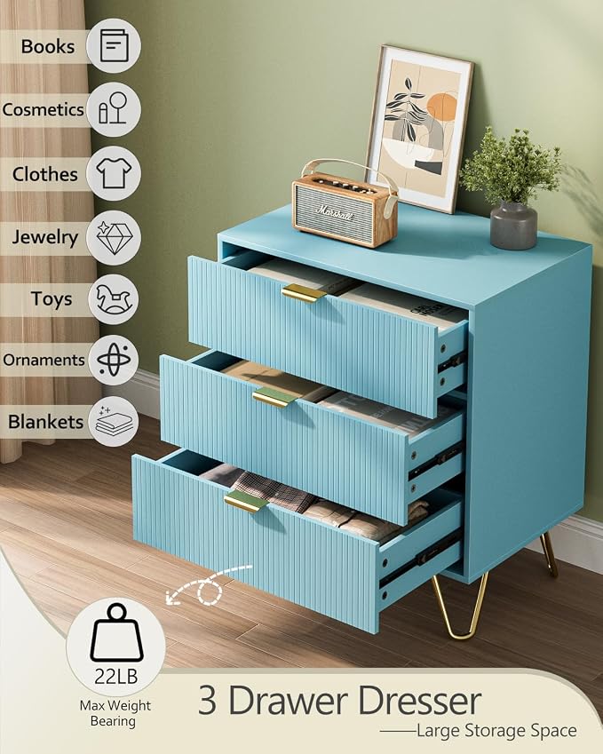 Blue Dresser for Bedroom, Modern Fluted 3 Drawer Dresser with Storage, Dresser Chest of Drawers with Gold Handles for Bedroom, Living Room, Closet, Hallway, 15.8" D x 23.6" W x 27.6" H