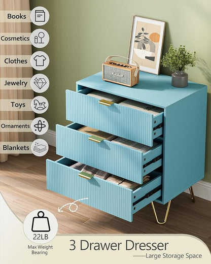 Blue Dresser for Bedroom, Modern Fluted 3 Drawer Dresser with Storage, Dresser Chest of Drawers with Gold Handles for Bedroom, Living Room, Closet, Hallway, 15.8" D x 23.6" W x 27.6" H