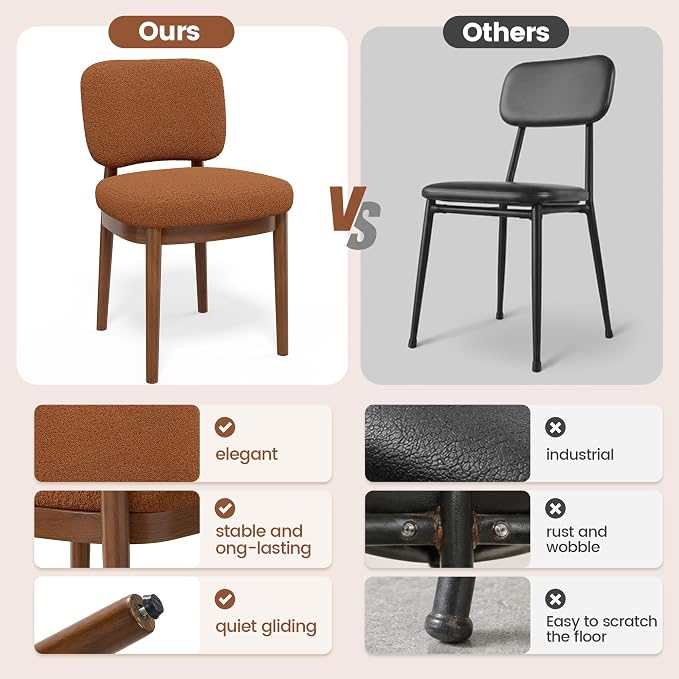 Wooden Dining Chairs Set of 6, Boucle Upholstered Kitchen Chairs with Solid Wood Legs, Mid Century Modern Dining Chairs, Farmhouse Side Chair with Hardwood Frame for Dining Room, Brown